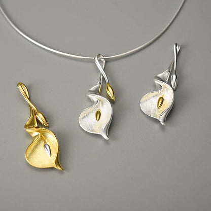 Silver New Calla Lily Flower Pendant and Chain Necklace