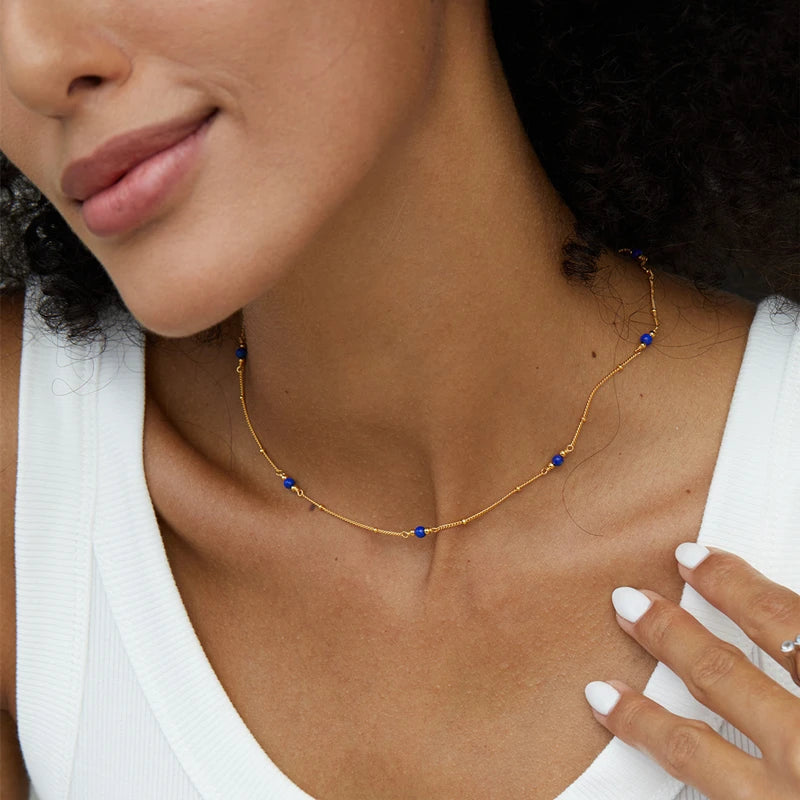 Silver Gold Plated Lapis Lazuli Pearl Sphere Chain Station Necklace