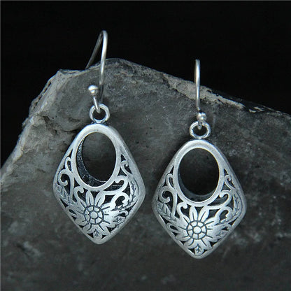 Silver Drop Earrings Sunflowers Pattern