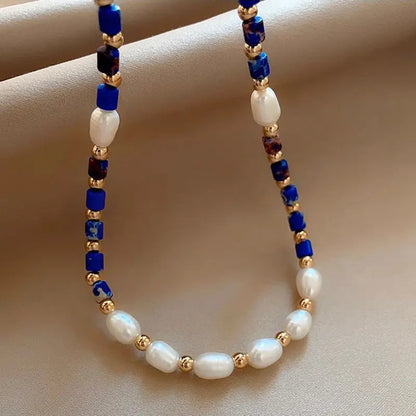 Natural Freshwater Pearl & Lapis Lazuli Stone Chain Necklace