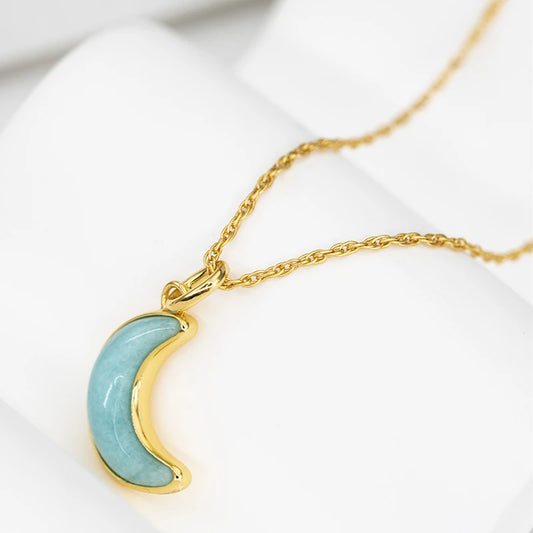 Silver Gold Plated Amazonite Blue Stone Moon Charm Pendant Necklace
