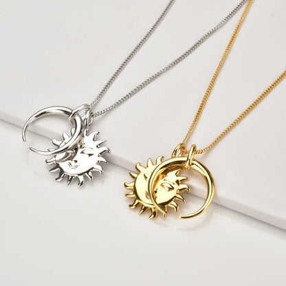 925 Sterling Silver Big Moon & Sun Flower Pendant Necklace – 18K Gold Plated