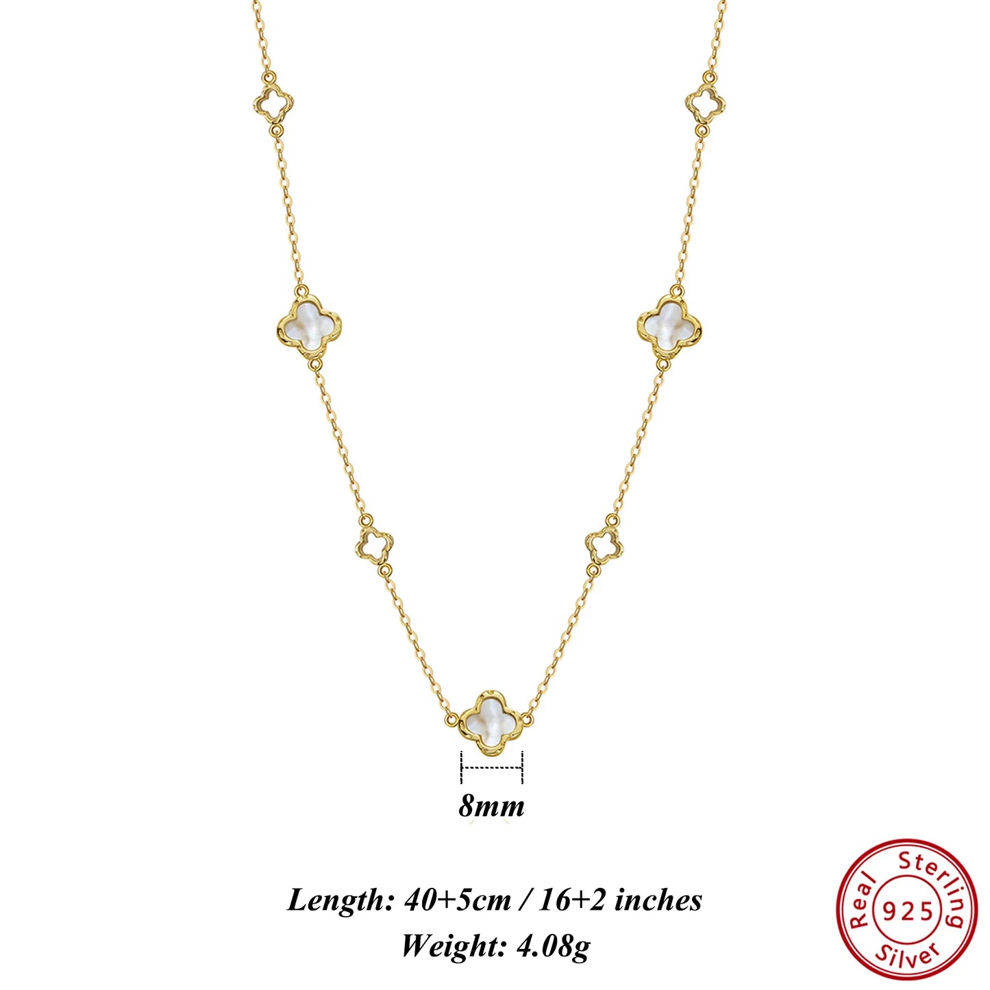 Silver Choker Necklace With Four Leaf Clover Shell Ornament Summer Style