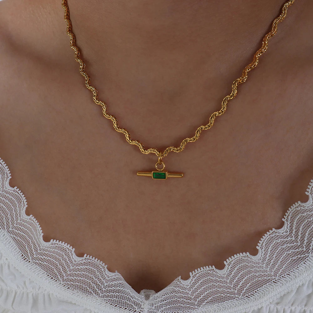 18k Gold Plated Stainless Steel Chain Green & Black Zircon Pendant Necklace