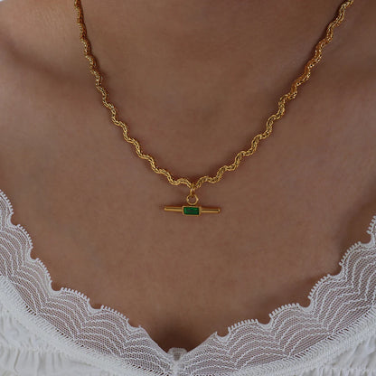 18k Gold Plated Stainless Steel Chain Green & Black Zircon Pendant Necklace