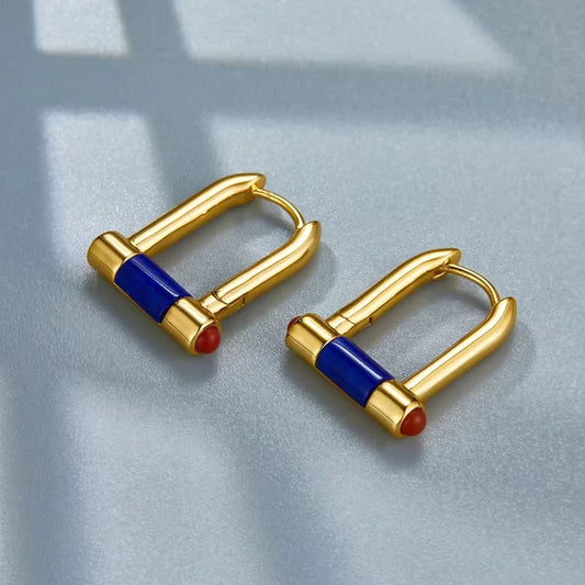 French Trendy Silver and Gold-Plated Lapis Lazuli Huggie U-Hoop Earrings