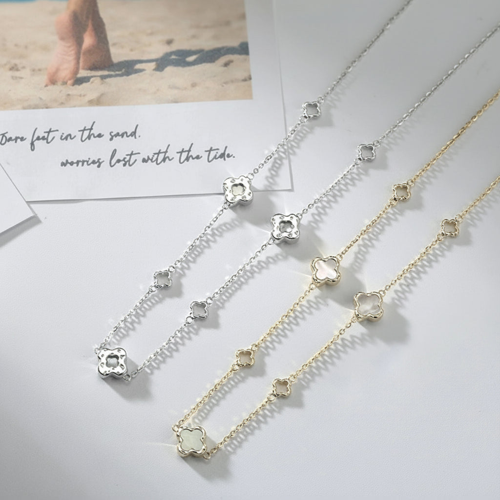 Silver Choker Necklace With Four Leaf Clover Shell Ornament Summer Style