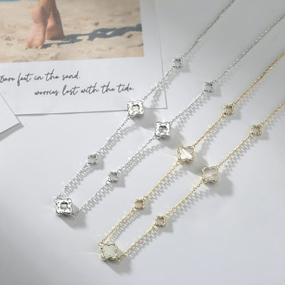 Silver Choker Necklace With Four Leaf Clover Shell Ornament Summer Style