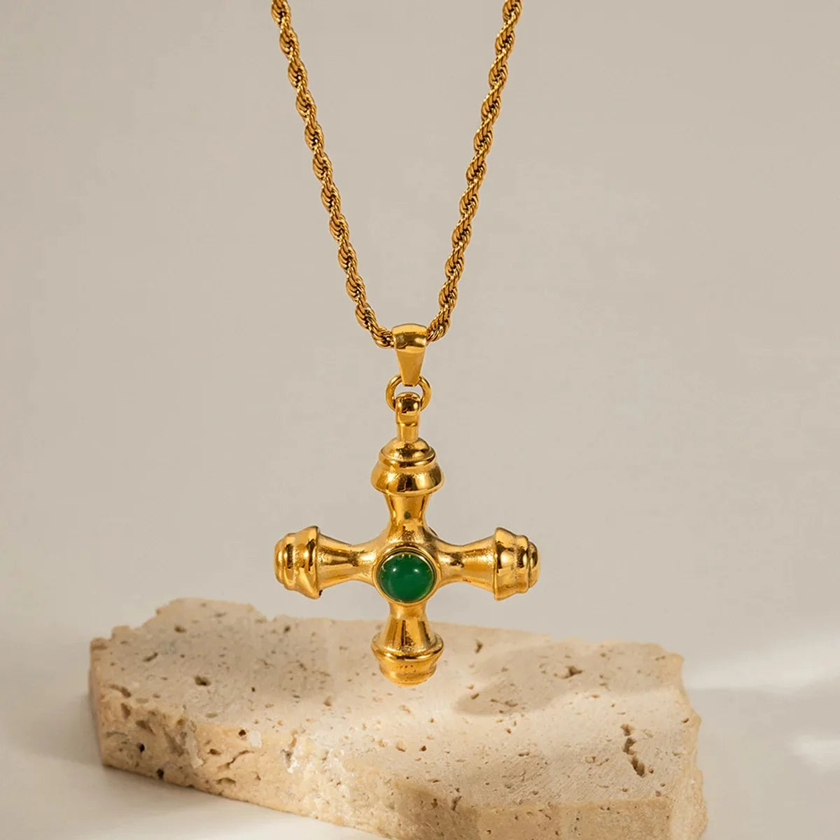 18K Gold Plated Stainless Steel Cross Pendant with Natural Stone Inlay