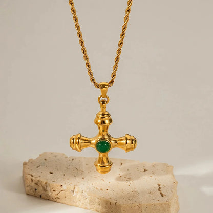 18K Gold Plated Stainless Steel Cross Pendant with Natural Stone Inlay