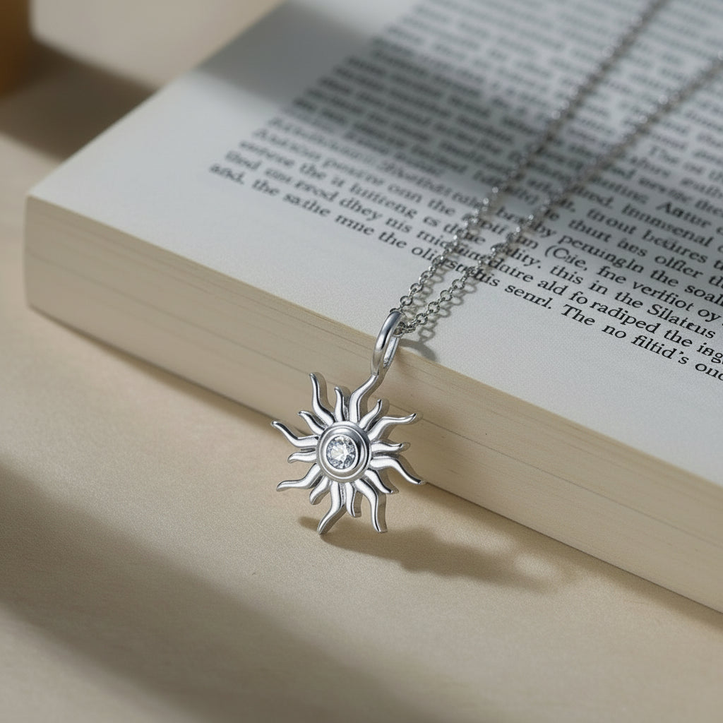 Silver Pendant Necklace, AAAA Cubic Zirconia Decor Solar Design