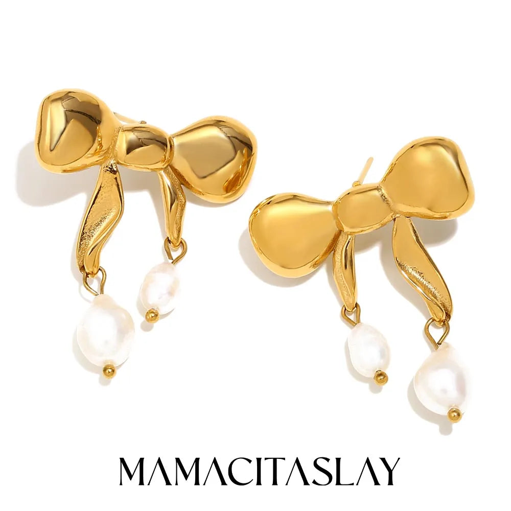 Elegant 18K Gold Plated Waterproof Stainless Steel Bow Pearl Earrings