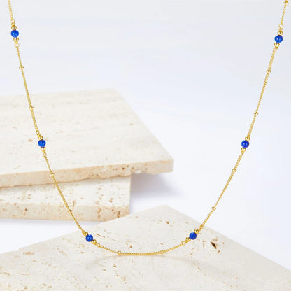 Silver Gold Plated Lapis Lazuli Pearl Sphere Chain Station Necklace