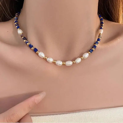 Natural Freshwater Pearl & Lapis Lazuli Stone Chain Necklace