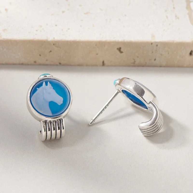 Silver Blue Agate Little White Horse Ear Studs