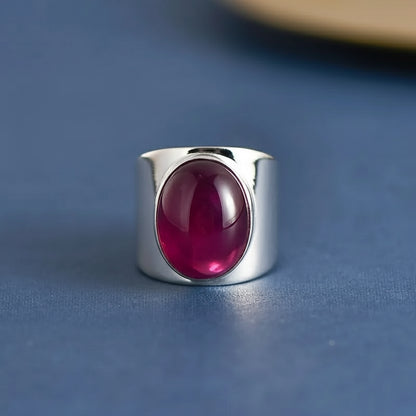 Silver Red Corundum Wide Ring, Minimalist Oval Stone Ring