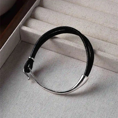 Black Sheepskin Rope Silver Minimalist Necklace & Bracelet