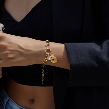 18K Gold Plated Link Charm Bracelet With Crystal & Baroque Pendant Tarnish Free