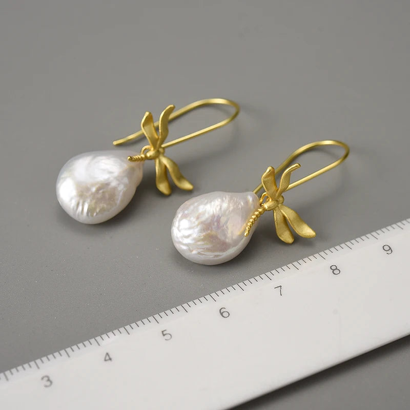 Silver Dragonfly French Baroque Pearl Earrings