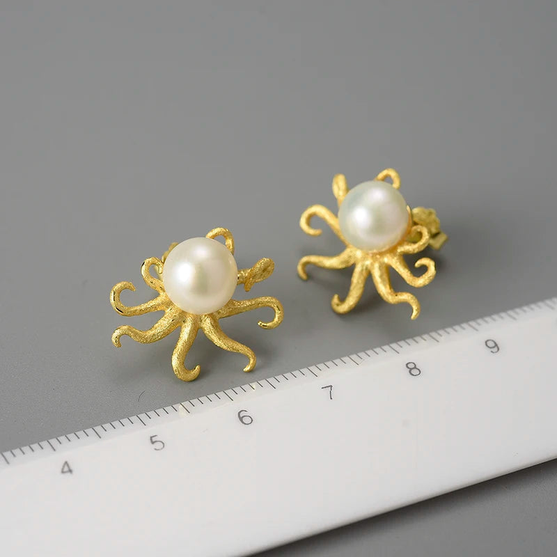 Octopus 925 Sterling Silver Natural Pearl Stud Earrings