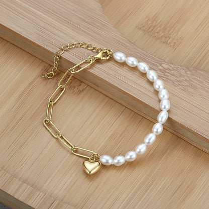 Handmade Silver Paperclip Link Pearl Chain Bracelet with Heart Pendant