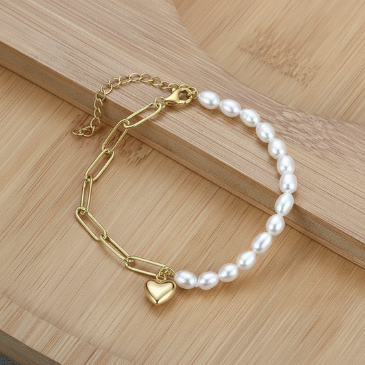 Handmade Silver Paperclip Link Pearl Chain Bracelet with Heart Pendant
