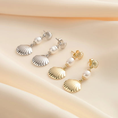 14K Gold Plated 925 Sterling Silver Freshwater Pearl Beach Wave Dangle Earrings