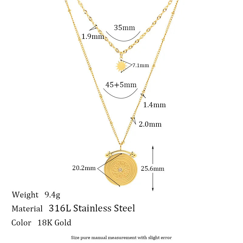 Vintage Double-Layer Baroque Necklace – 18K Gold Plated Stainless Steel with Flower Texture & Coin Pendant