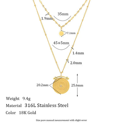 Vintage Double-Layer Baroque Necklace – 18K Gold Plated Stainless Steel with Flower Texture & Coin Pendant