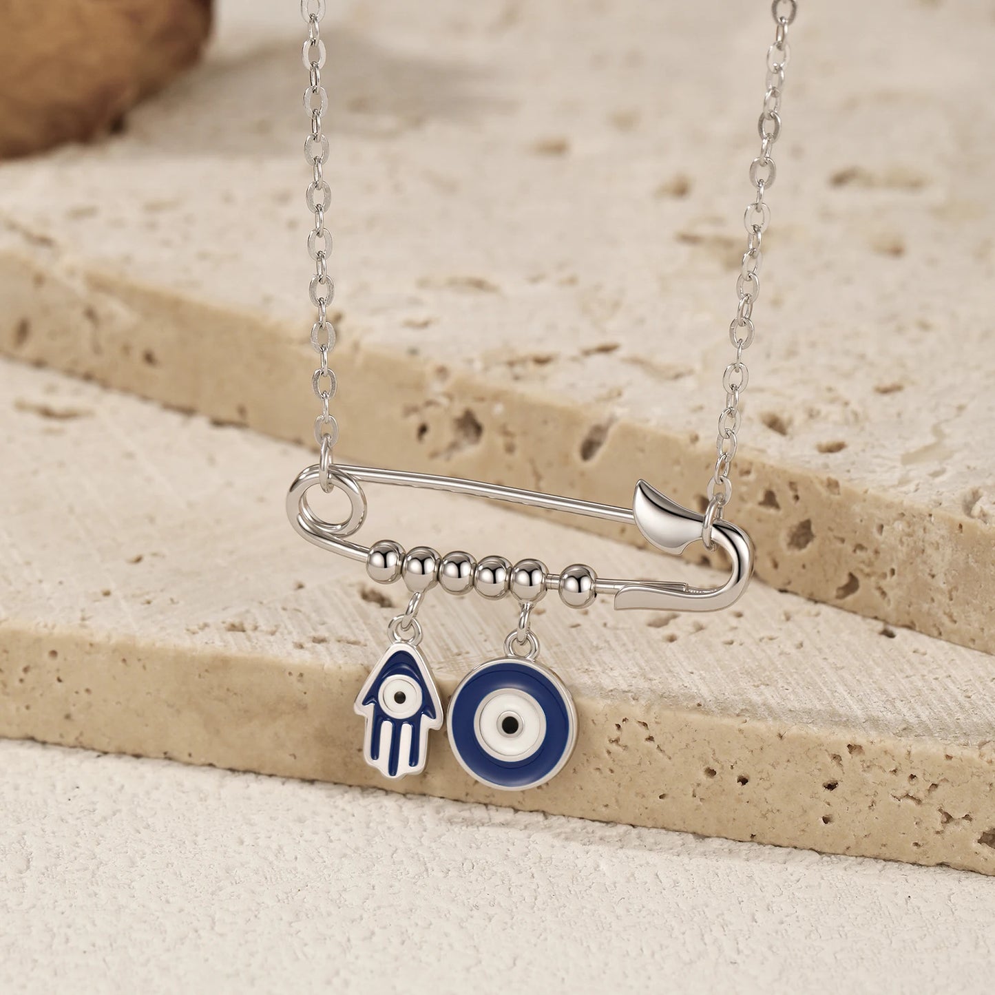 Silver Blue Enamel Eyes & Palm Charms Pendant Necklace