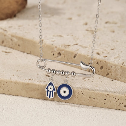 Silver Blue Enamel Eyes & Palm Charms Pendant Necklace