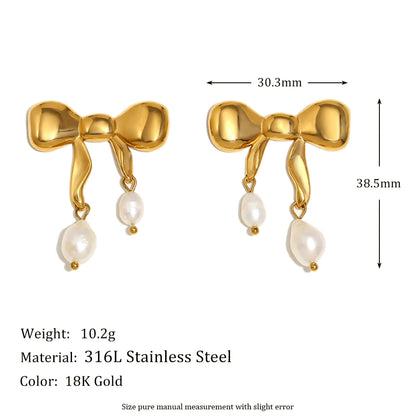 Elegant 18K Gold Plated Waterproof Stainless Steel Bow Pearl Earrings