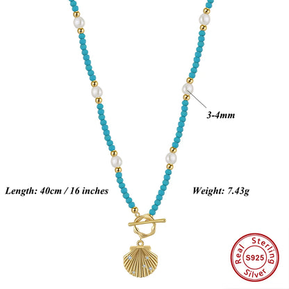 Silver Shell Pendant Necklace with Freshwater Pearl Turquoise - Ocean-Inspired Beach