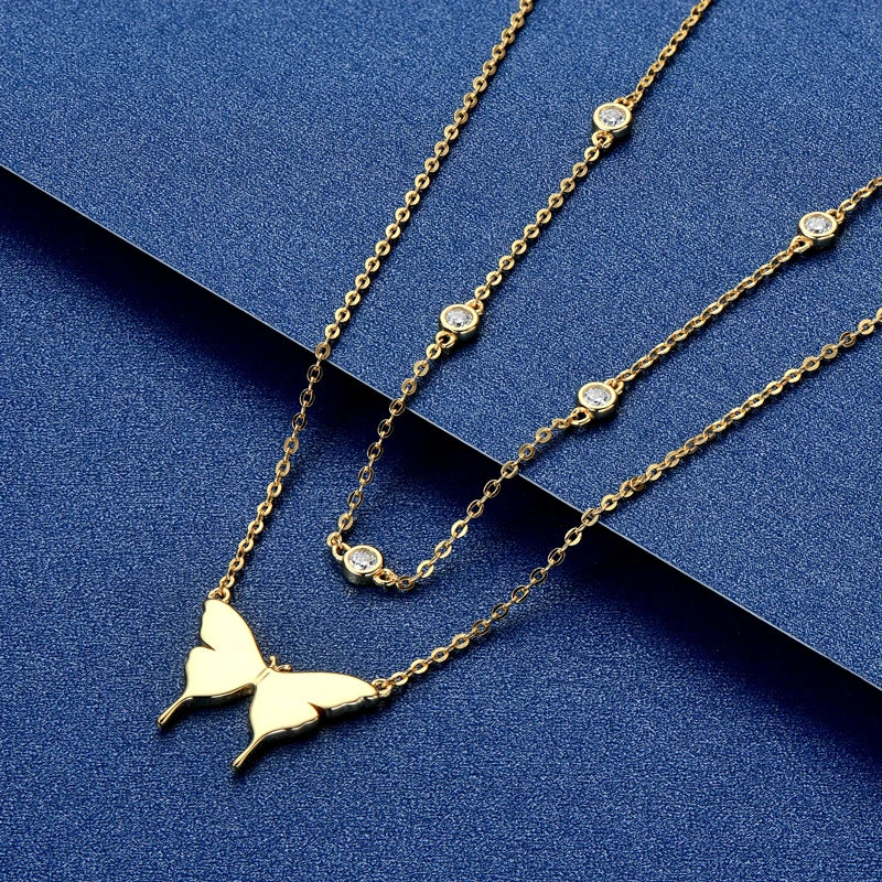 Silver Double Layer Butterfly Moissanite Pendant Necklace