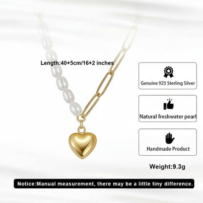 14K Gold Natural Pearl Necklace with Half Paperclip Link Chain Heart Pendant