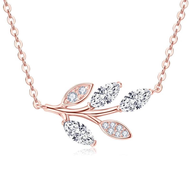 Silver Marquise Cut Moissanite Leaf Pendant Necklace
