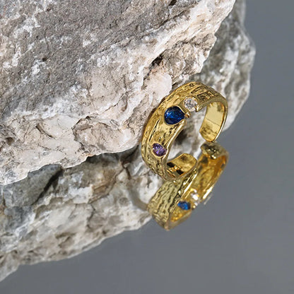 18K Gold Plated 925 Sterling Silver Resizable Ring with Purple‑Blue Zircons