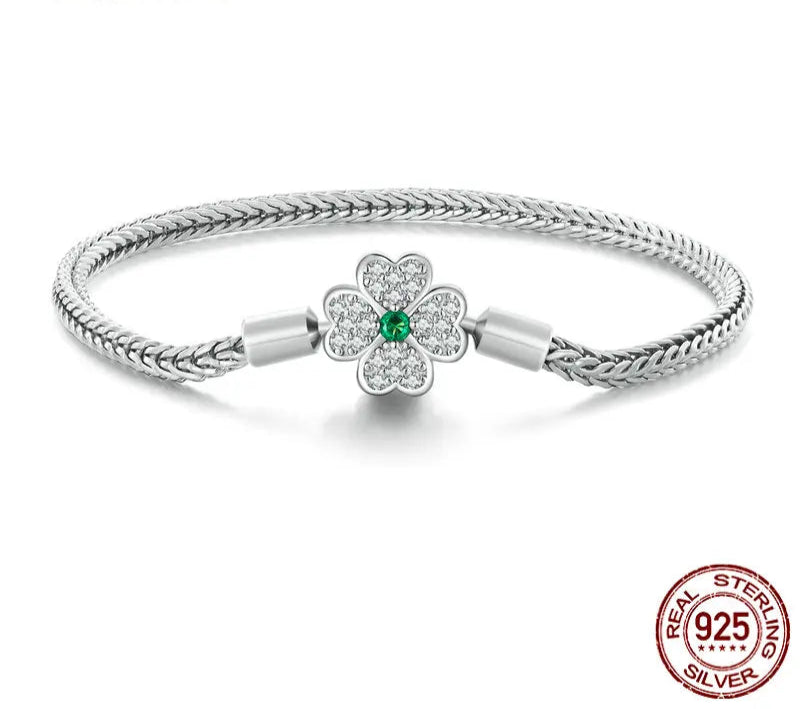 Silver Four-Leaf Clover Snake Bracelet