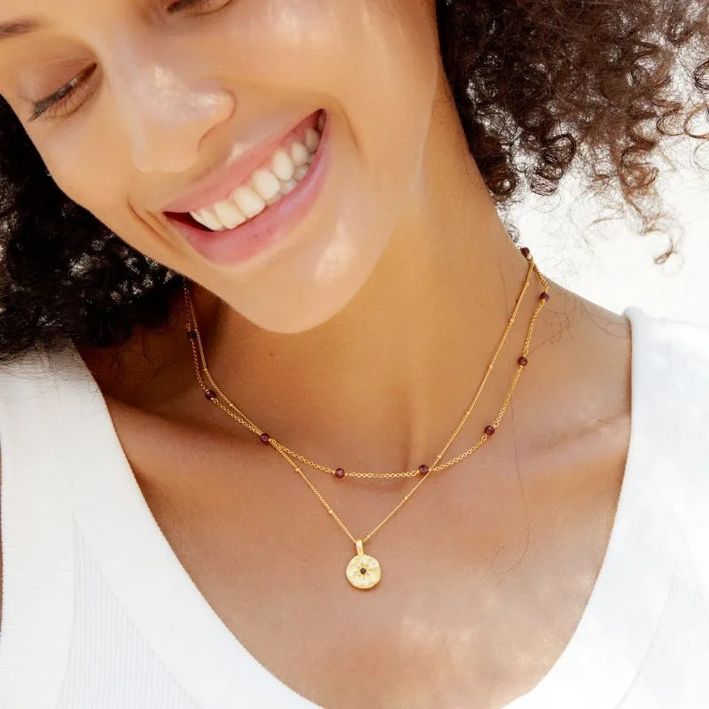 Silver Gold Plated Garnet Spaced Bead Station Necklace