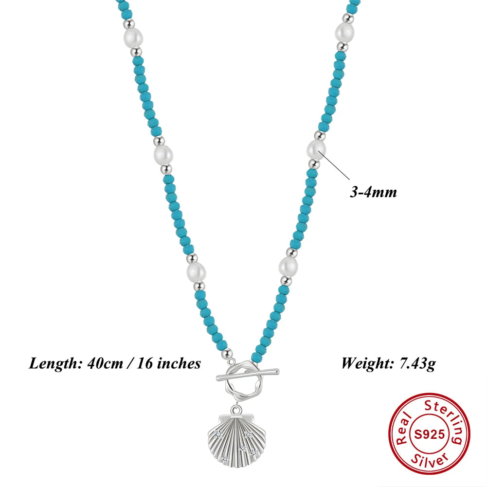Silver Shell Pendant Necklace with Freshwater Pearl Turquoise - Ocean-Inspired Beach