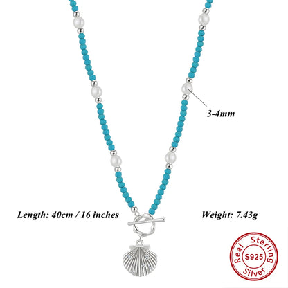 Silver Shell Pendant Necklace with Freshwater Pearl Turquoise - Ocean-Inspired Beach