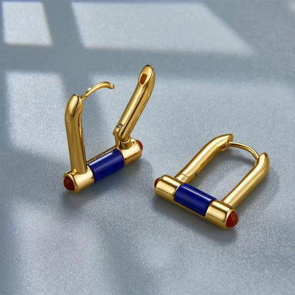 French Trendy Silver and Gold-Plated Lapis Lazuli Huggie U-Hoop Earrings