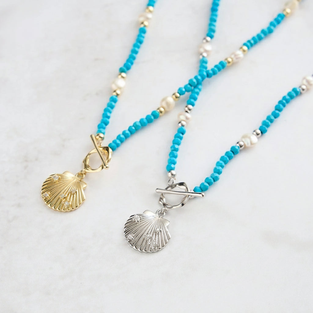Silver Shell Pendant Necklace with Freshwater Pearl Turquoise - Ocean-Inspired Beach
