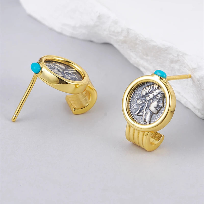 Silver Two Tone Double Sided Relief Portrait Stud Earrings