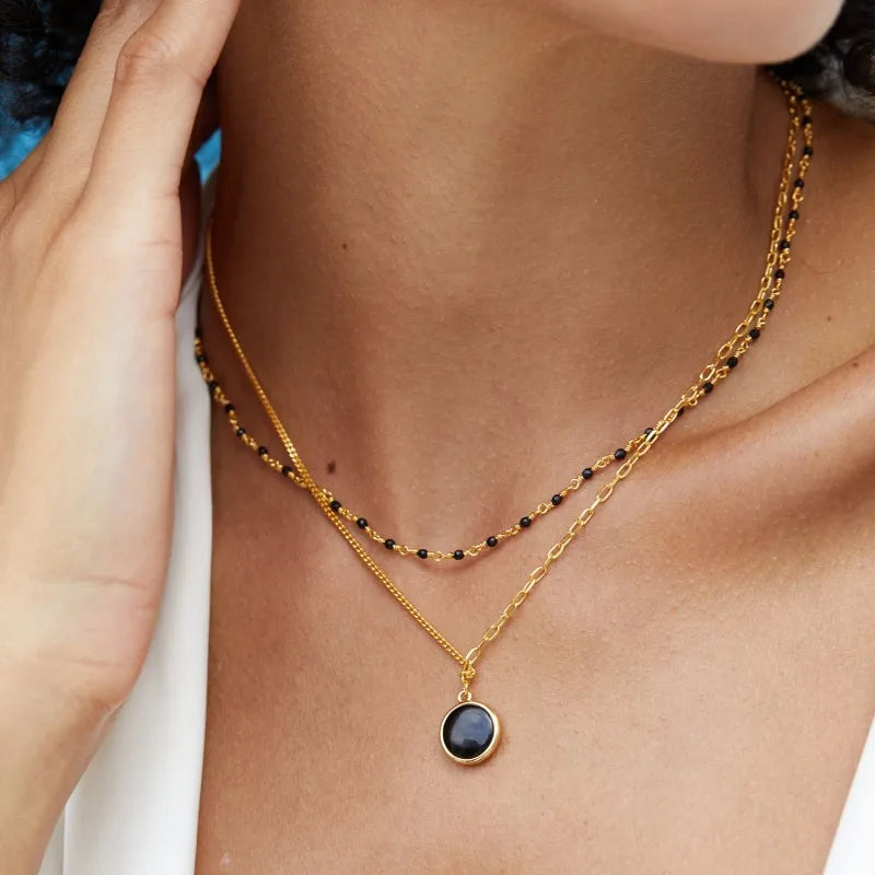 Mother Of Pearl Onyx Silver Double Side Round Disc Pendant Necklace