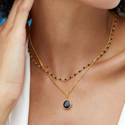 Mother Of Pearl Onyx Silver Double Side Round Disc Pendant Necklace