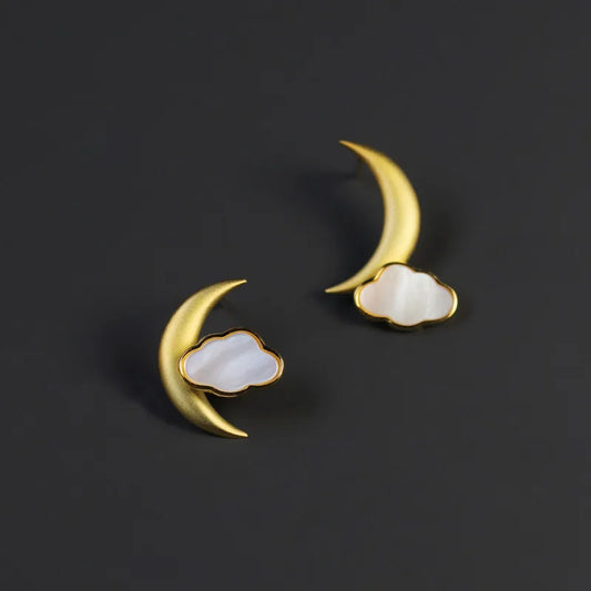 Silver Moon and Clouds Stud Earrings