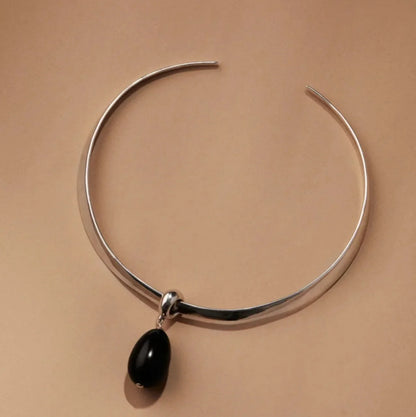 Obsidian Pendant Necklace Set — Choker and Earrings