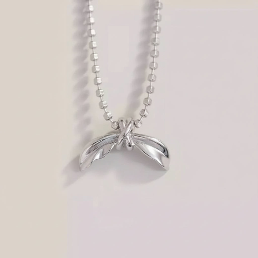 Silver Cylinder-shaped Beaded Chain with Half Bowkont Necklace