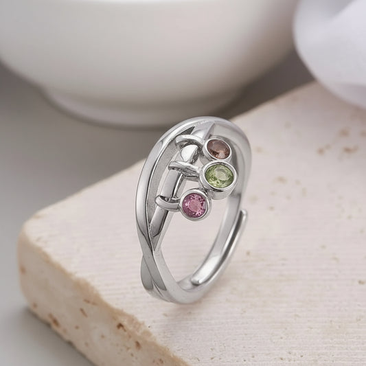 Silver Band Inlaid with Three Tourmaline Stone Charms Fashion Adjustable Open Ring